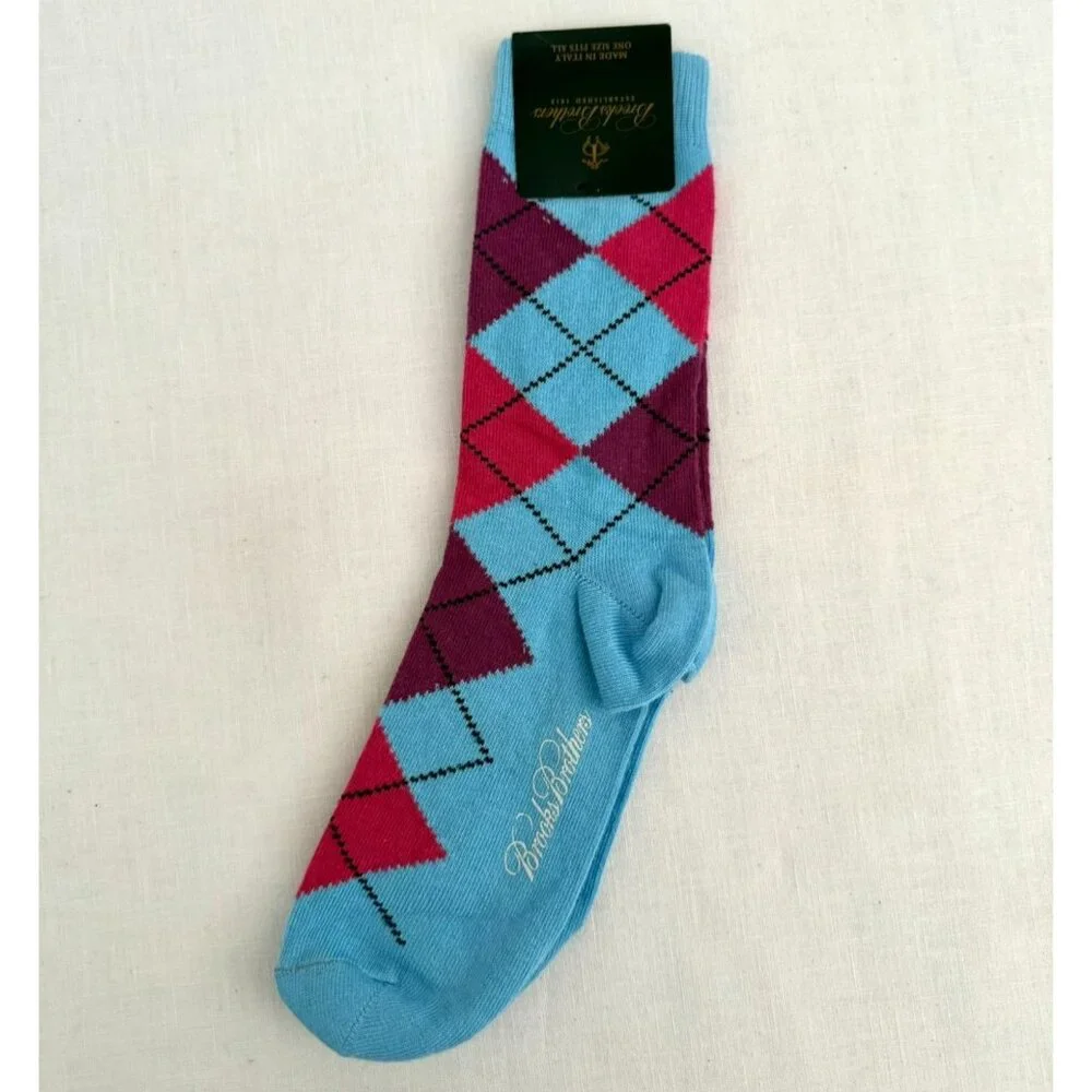 Brooks Brothers Socks One Size Made in Italy Teal Blue Red Argyle Cotton Blend